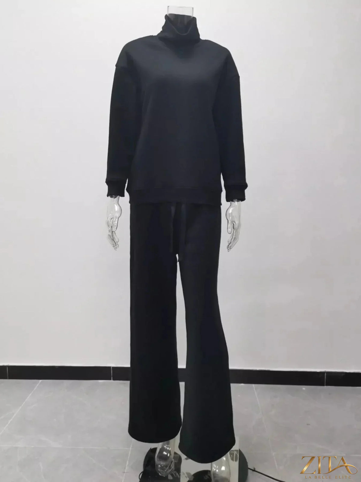 Plus size Trendsi full size turtleneck long sleeve top and matching pants sweater set displayed on a model.