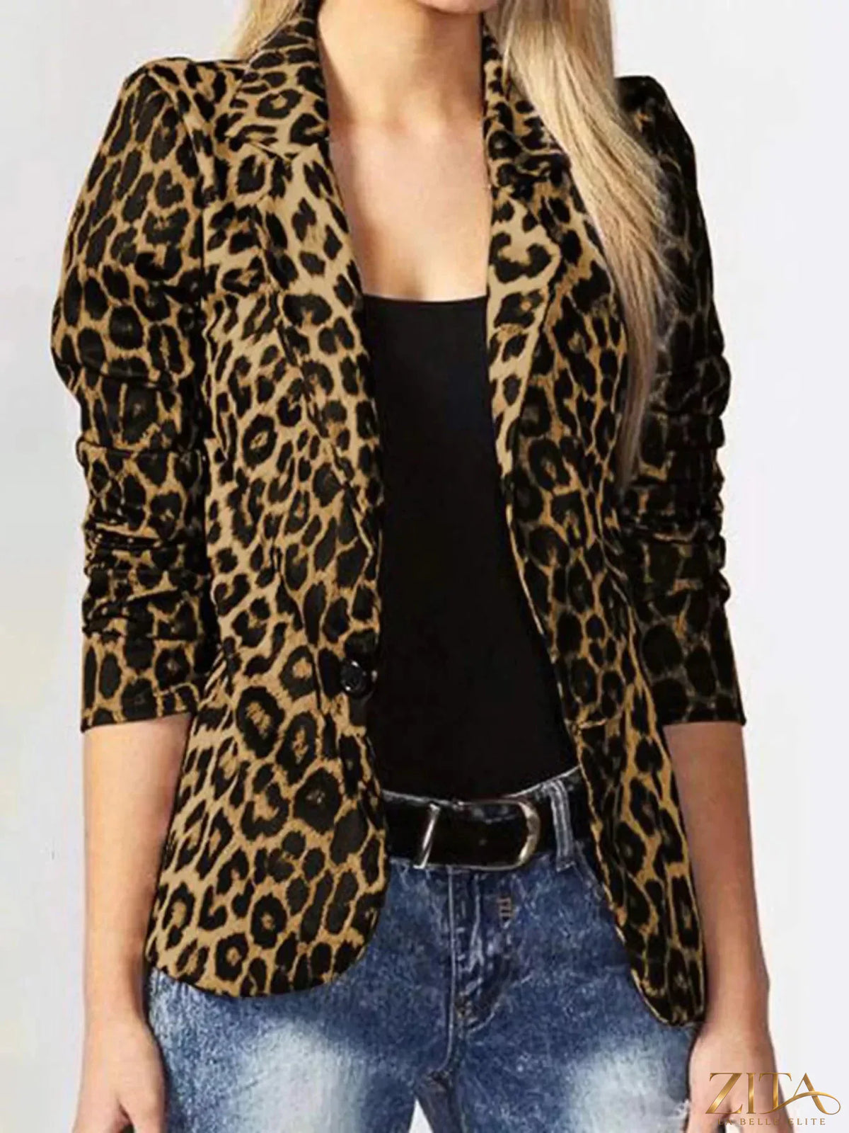 Leopard print Zita La Belle Elite blazer with a single button, tailored fit, and stylish lapel, on a neutral background.