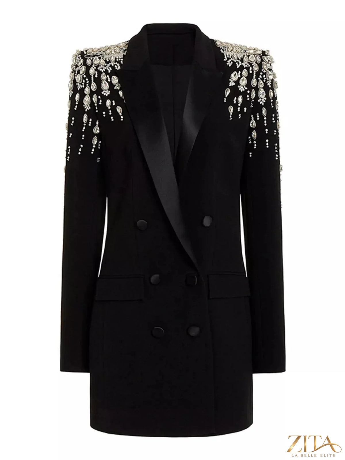Plus size Zita La Belle Elite rhinestone shoulder double-breasted blazer, full size, with sparkling rhinestone details and tailored fit.