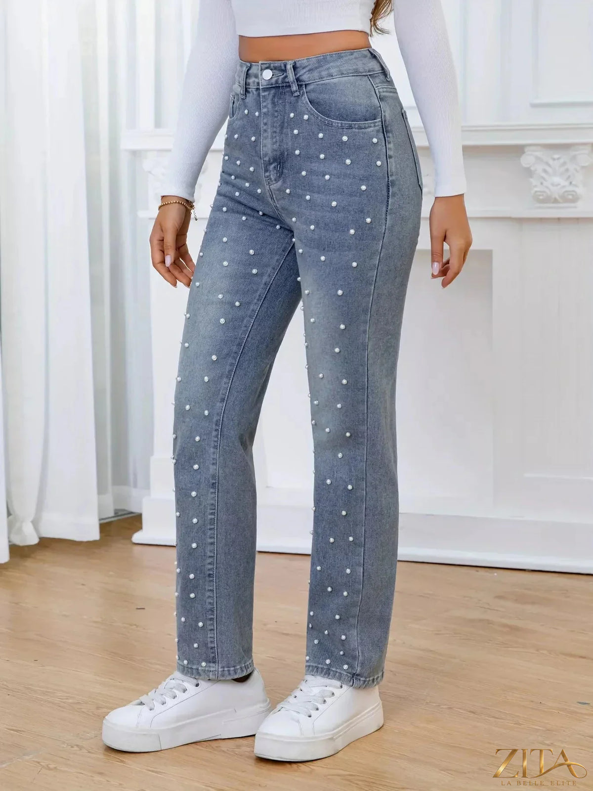 Pearl-embellished high waist straight jeans by Zita La Belle Elite, showing the detailed pearl accents and classic denim fit.