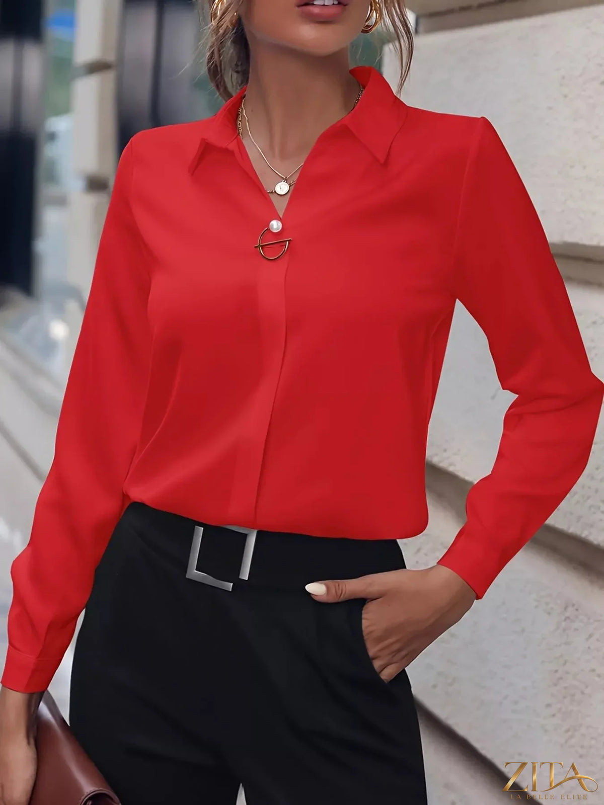 Zita La Belle Elite long sleeve satin blouse in deep red, featuring a sleek fit and elegant collar detail.