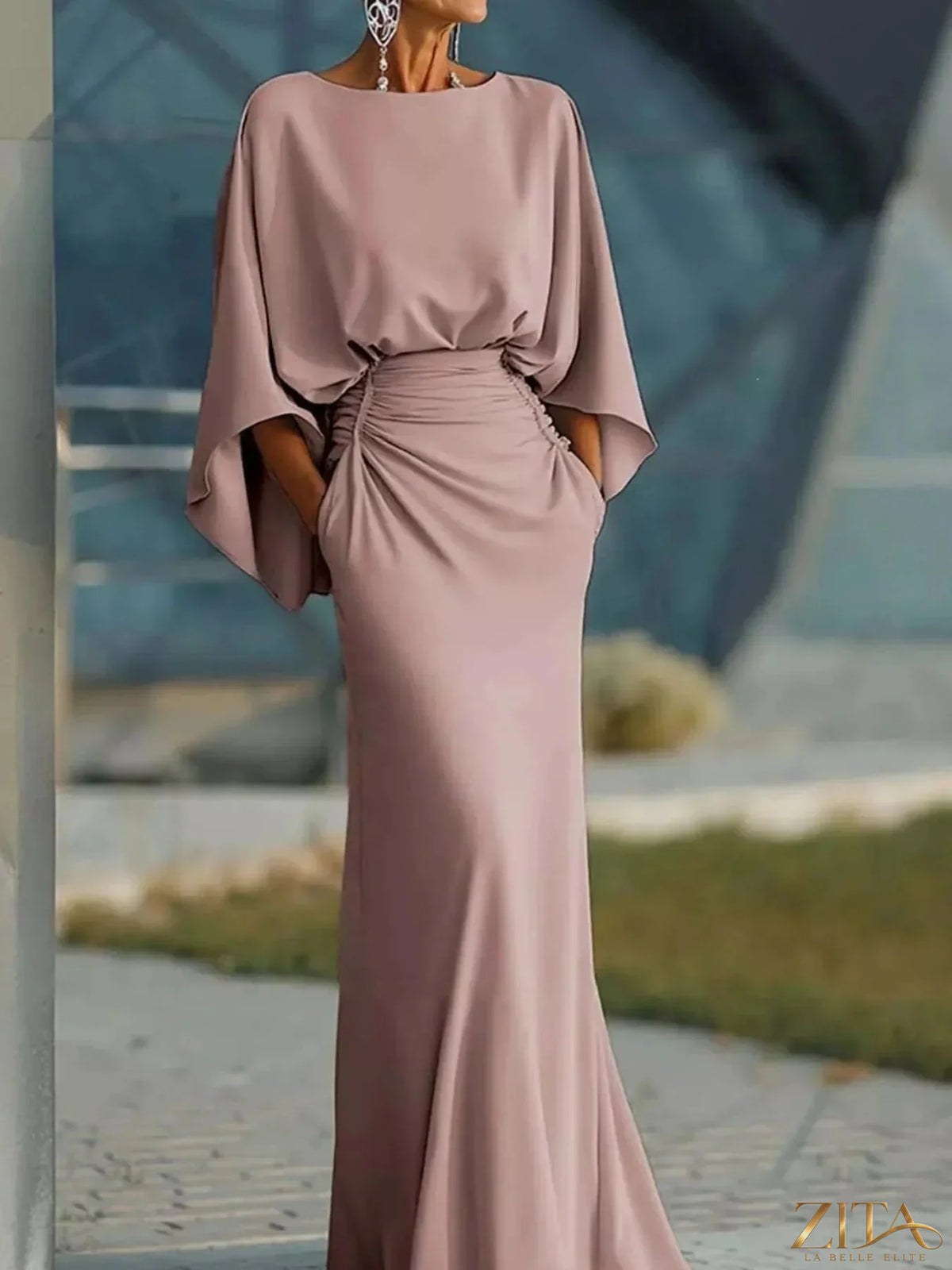 Zita La Belle Elite batwing sleeve ruched maxi dress in flowy fabric with a fitted waist and elegant design.