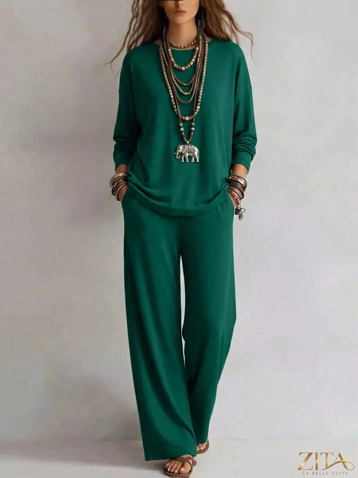 Zita La Belle Elite round neck T-shirt and wide-leg pants set, featuring a stylish casual outfit in soft fabric.