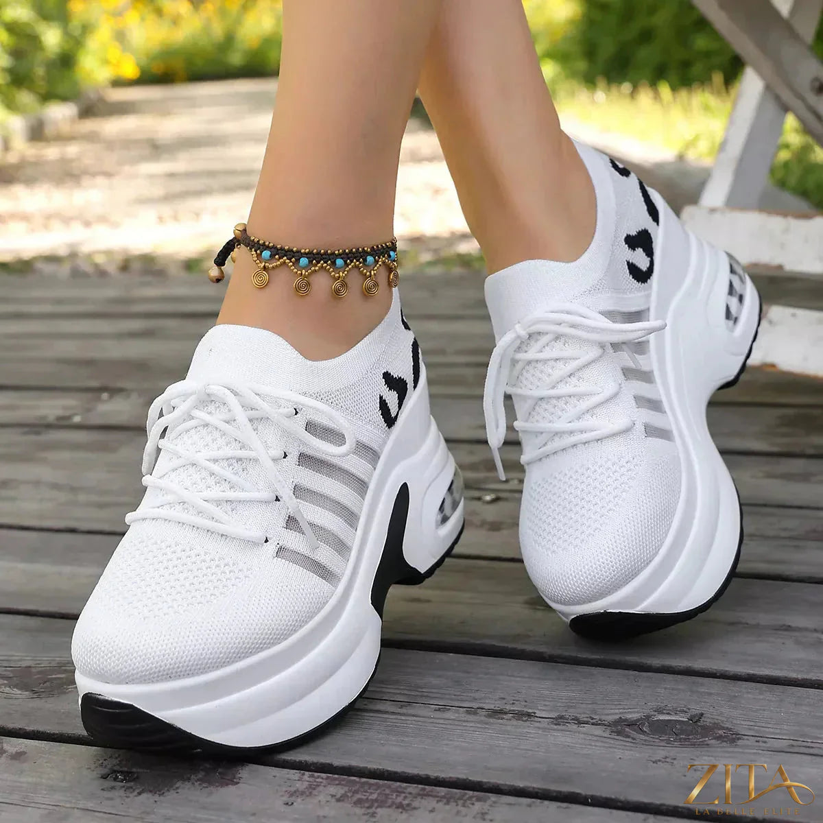 Zita La Belle Elite round toe platform sneakers in white with chunky soles and lace-up design, stylish and comfortable footwear.