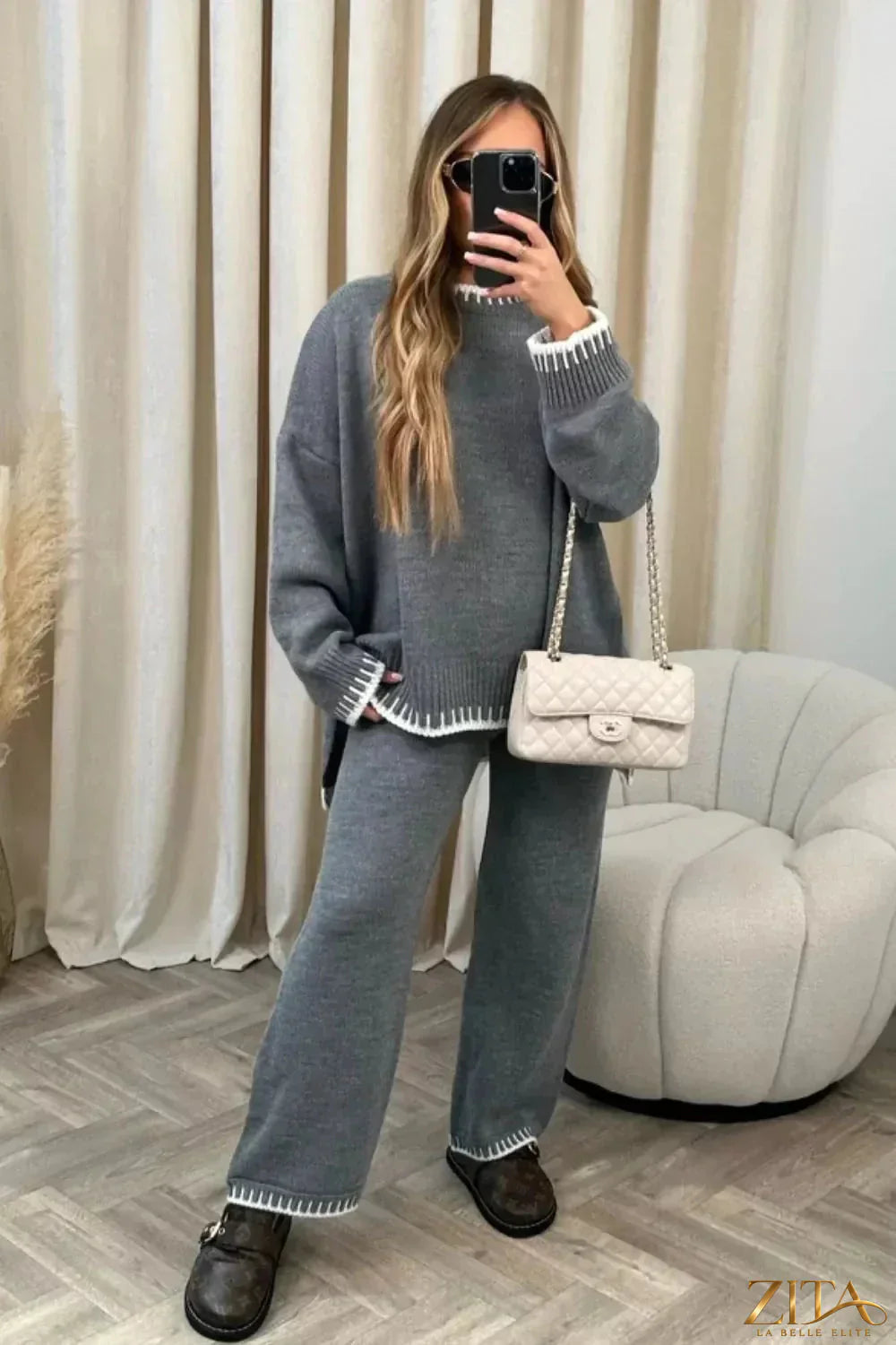 Zita La Belle Elite contrast trim round neck top and matching pants sweater set, soft knit fabric, casual loungewear style.