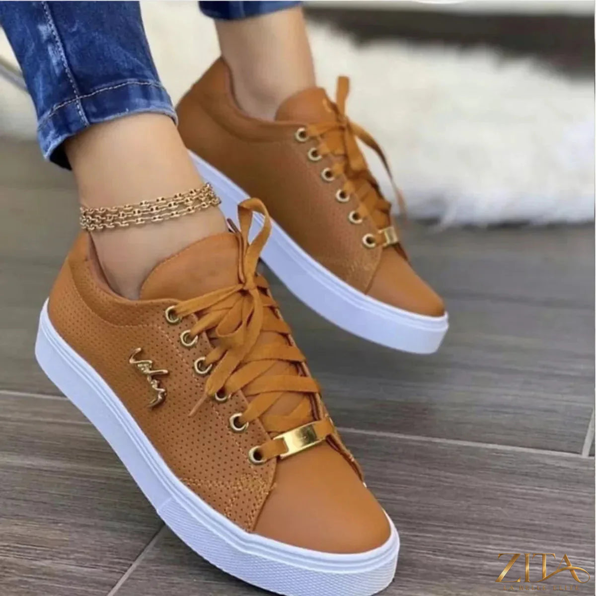 Zita La Belle Elite lace-up round toe sneakers in white with stylish design, perfect for casual wear and comfortable walking.