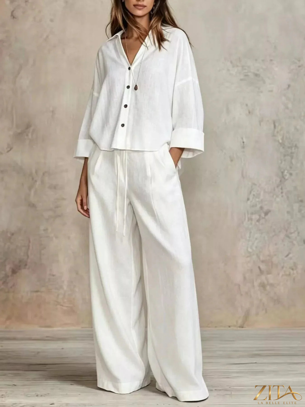 Zita La Belle Elite plus size full size button-down shirt and wide-leg pants set, featuring a stylish, comfortable fit and modern design.