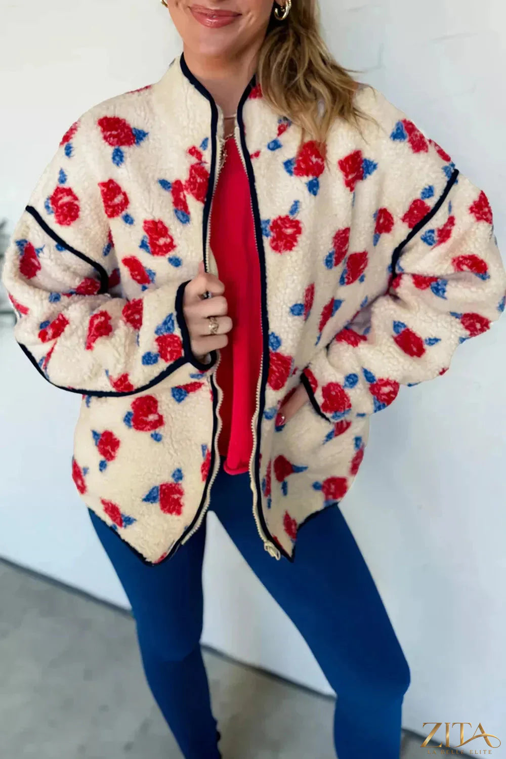 Zita La Belle Elite floral print zipper stand neck fleece coat with outerwear design and floral pattern on soft fabric.