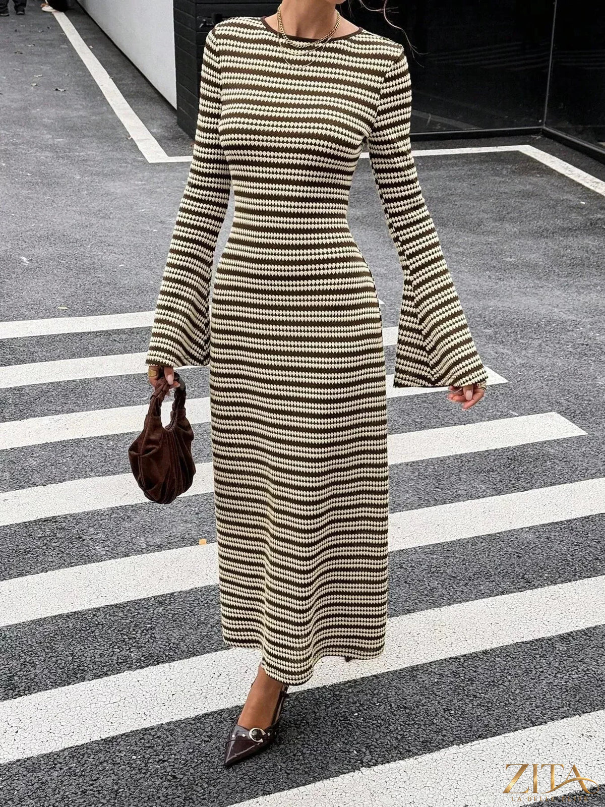 Zita La Belle Elite striped sweater dress with flared sleeves, cozy knit fabric, and stylish fit, perfect for casual or dressy occasions.