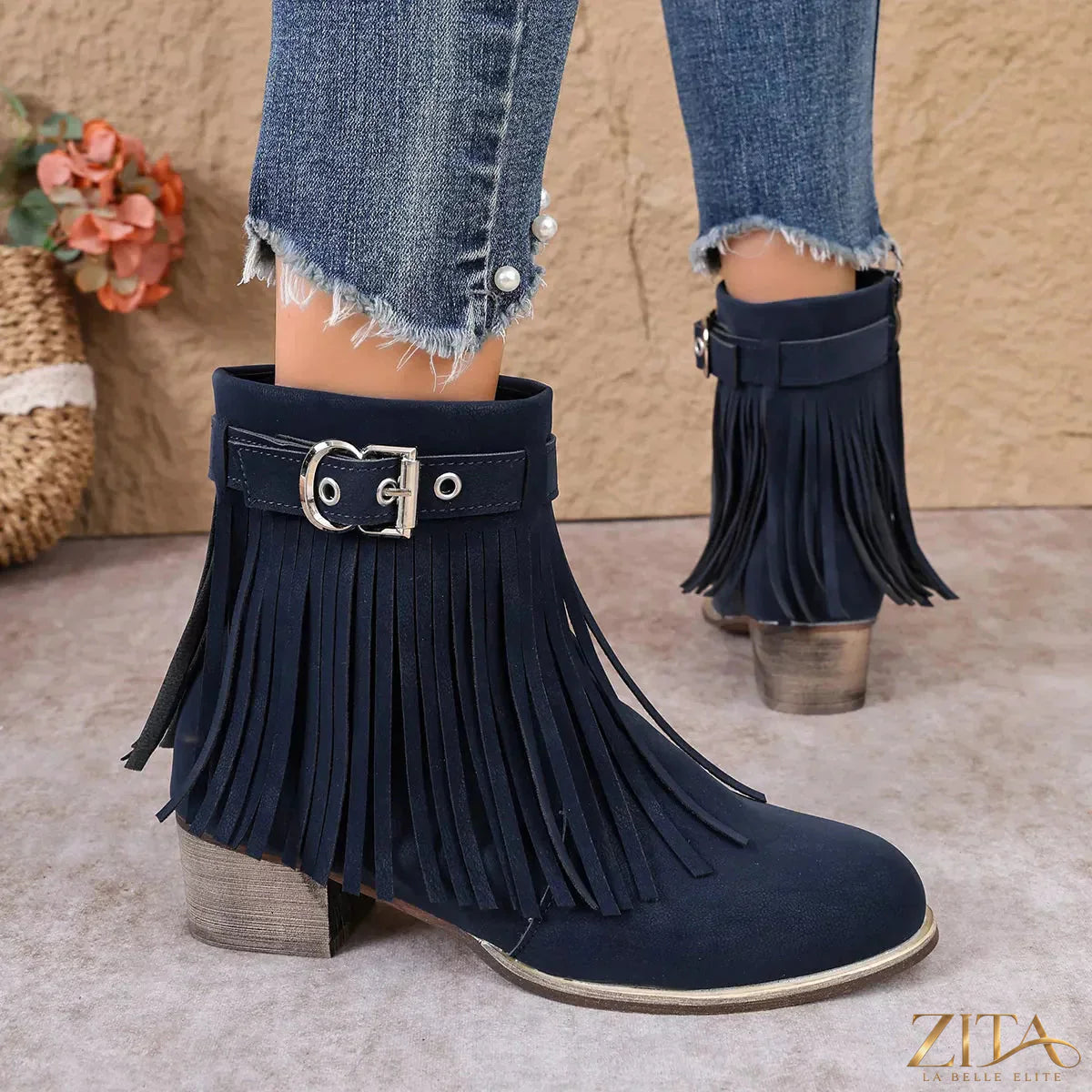Zita La Belle Elite fringe ankle boots with buckle details, featuring suede material and stylish design.