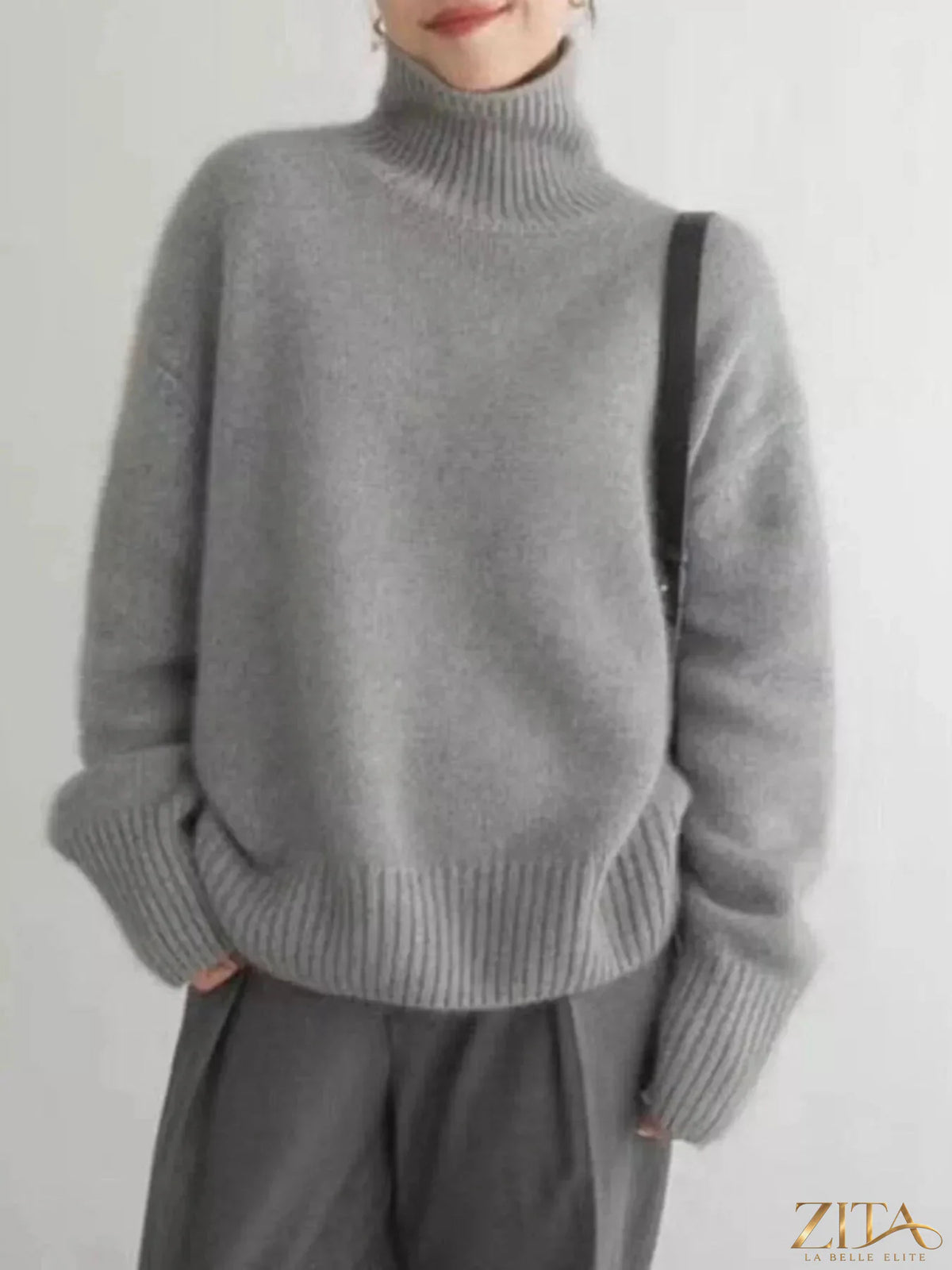 Zita La Belle Elite turtleneck dropped shoulder sweater in soft knit, featuring a cozy, relaxed fit and stylish design.