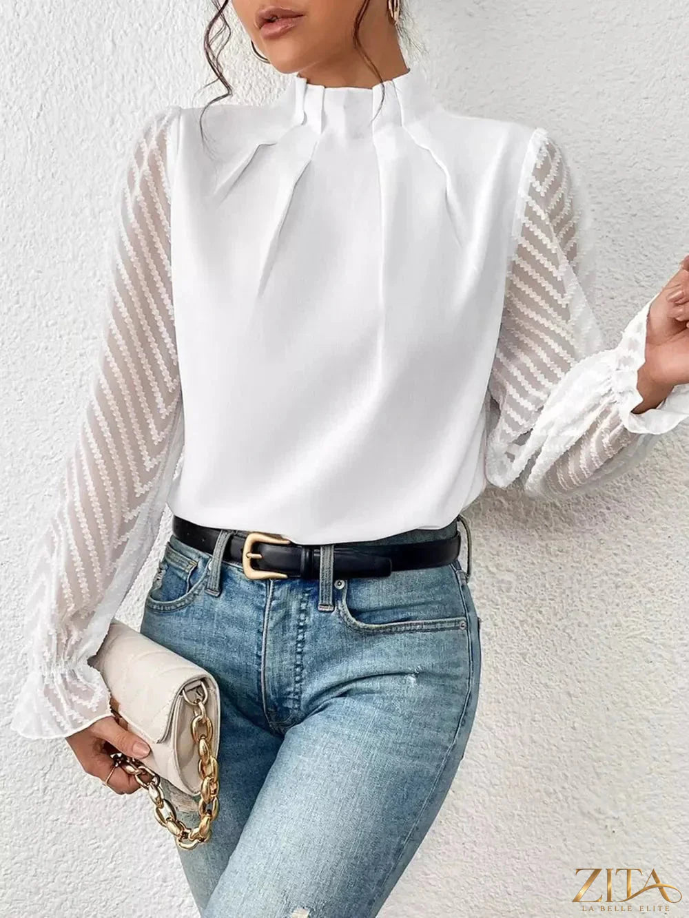 Zita La Belle Elite mock neck blouse with flounce sleeves, white fabric, stylish and elegant women's fashion top.