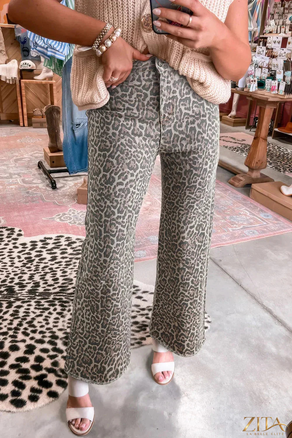 Leopard print frayed edge wide-leg high waist jeans by Zita La Belle Elite, showcasing distressed details and relaxed fit.