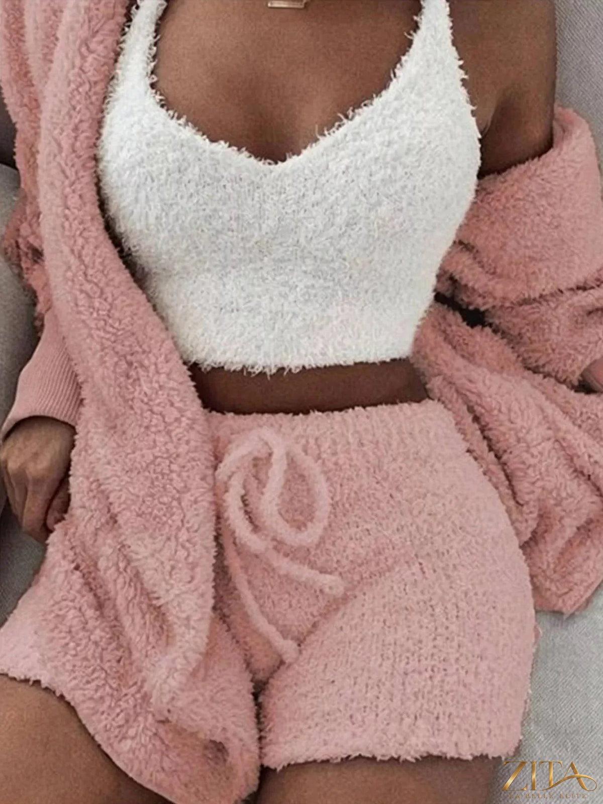 Plus size fuzzy plush cardigan lounge set by Zita La Belle Elite, featuring a cozy, soft fabric and relaxed fit in a 3-piece design.