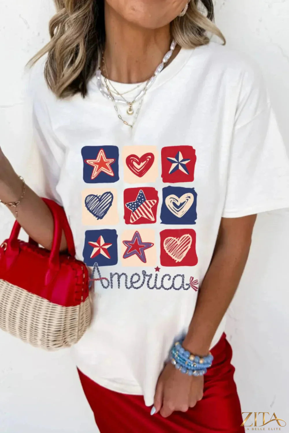 American Heart Star checkered graphic T-shirt by Trendsi featuring a bold star and checkered design on a casual tee.