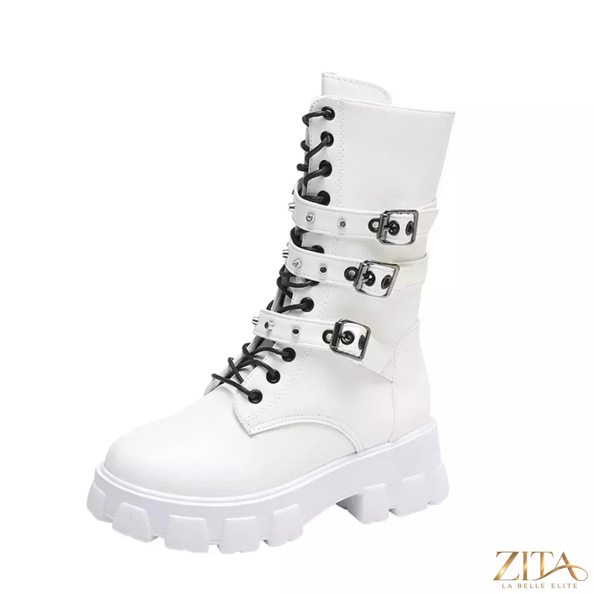 Black buckled lace-up combat boots from Trendsi with sturdy soles and metal buckles, styled for edgy, rugged fashion.