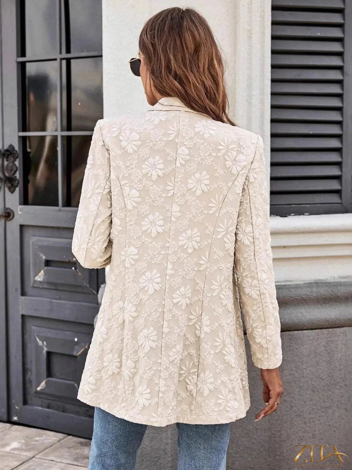 Zita La Belle Elite floral jacquard long sleeve blazer with one button closure, tailored fit, and elegant floral pattern.