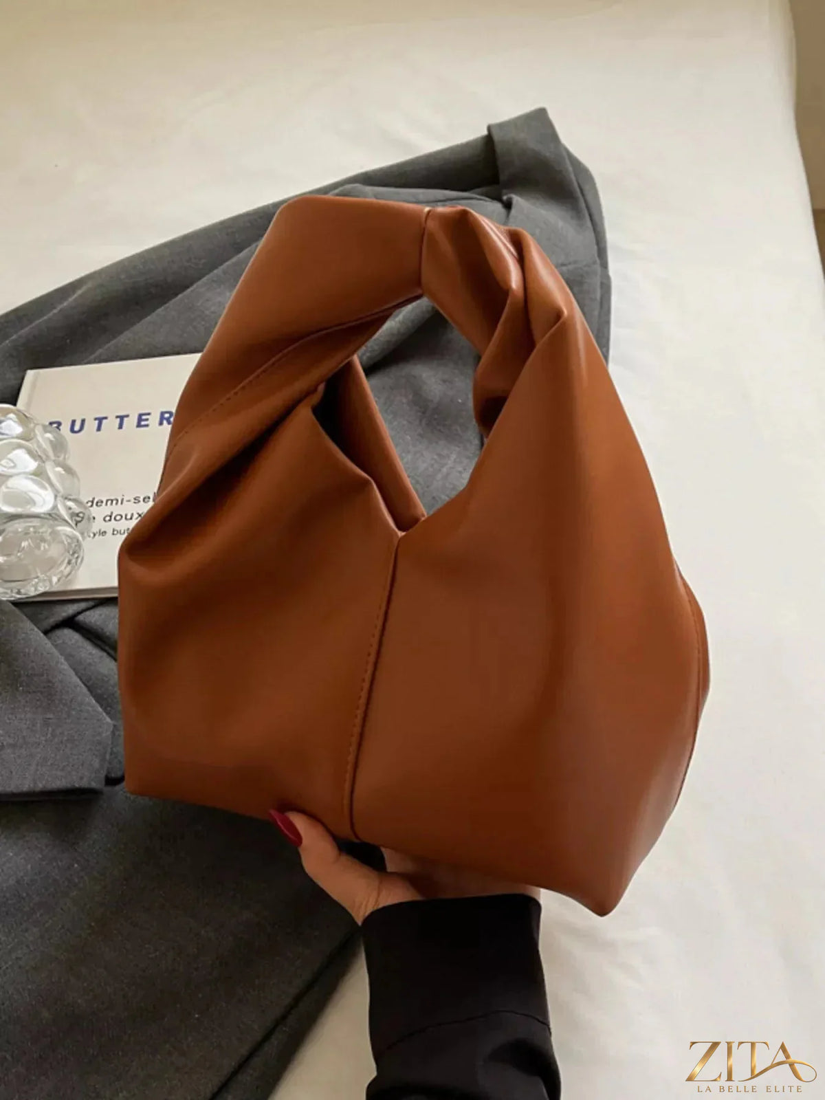 Zita La Belle Elite knot handle leather handbag with stylish design and natural leather finish, featuring a versatile and elegant look.