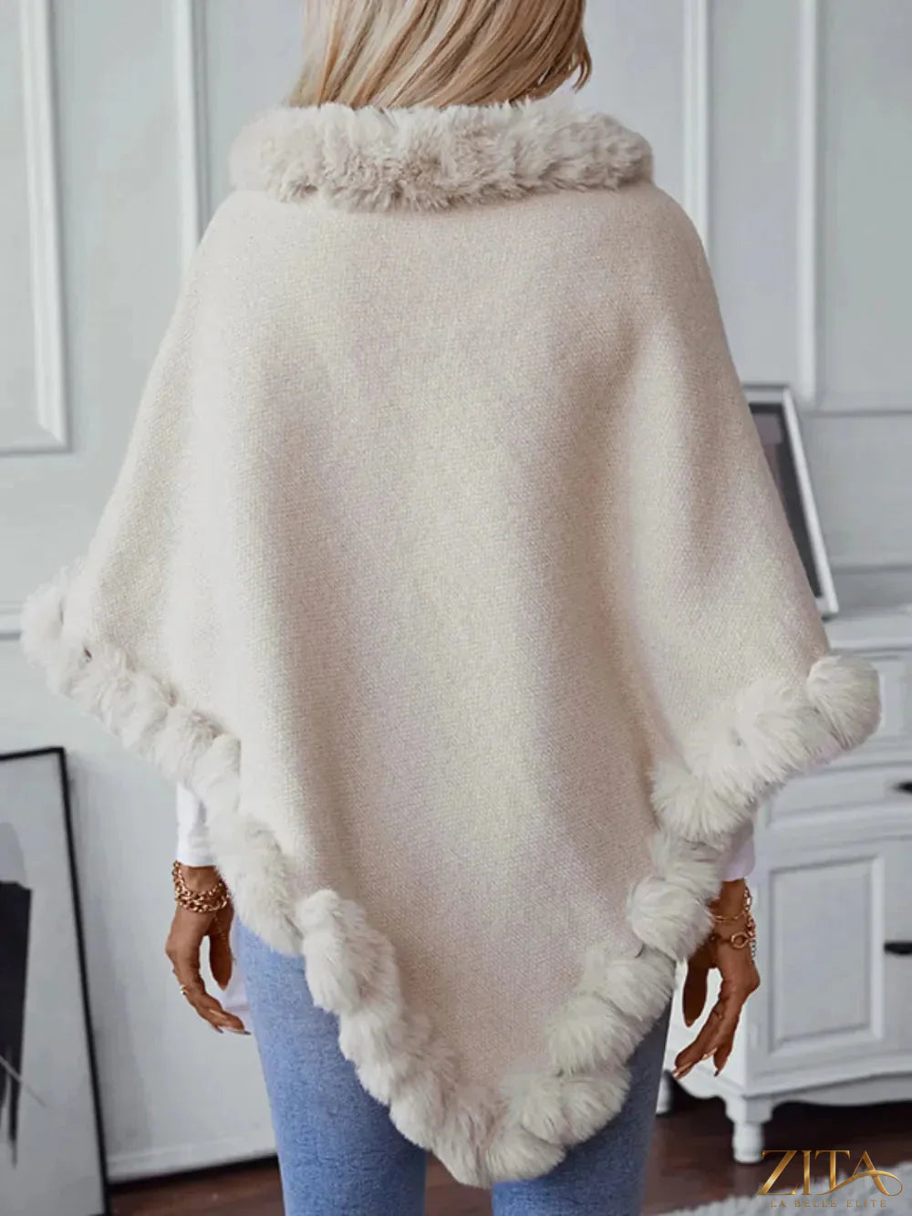 Fuzzy trim texture three-quarter sleeve poncho by Zita La Belle Elite, featuring a cozy fuzzy design and stylish cut.