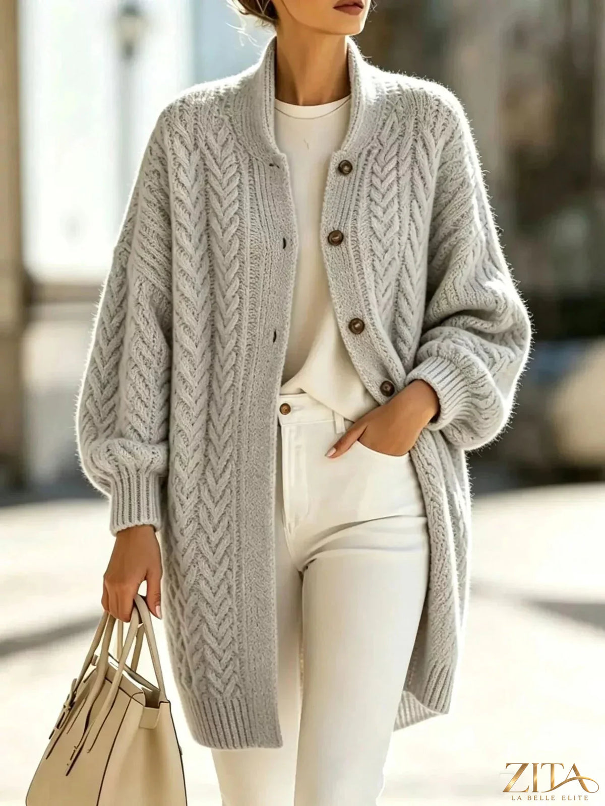 Plus size Zita La Belle Elite cable-knit button-down cardigan, full size, featuring a cozy cable-knit texture and front buttons.