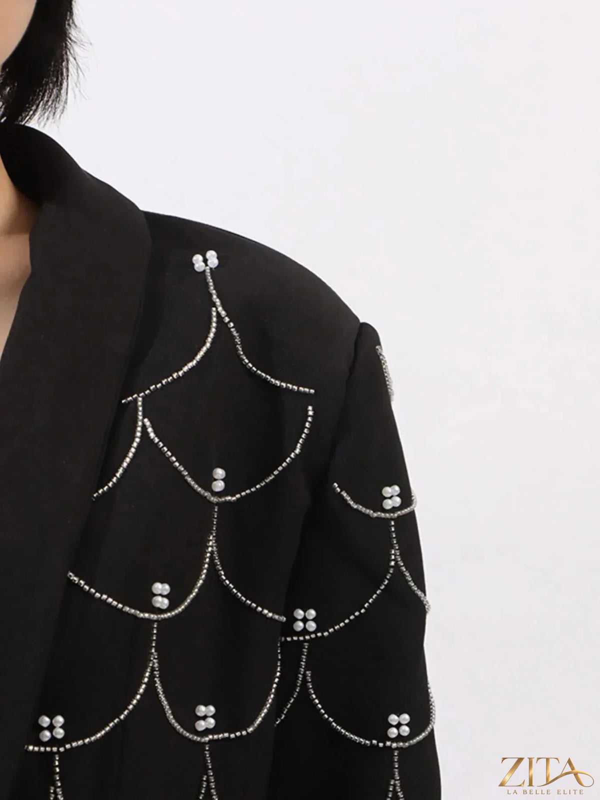 Zita La Belle Elite pearl detail long sleeve blazer, tailored black blazer with pearl accents, stylish and elegant for formal wear