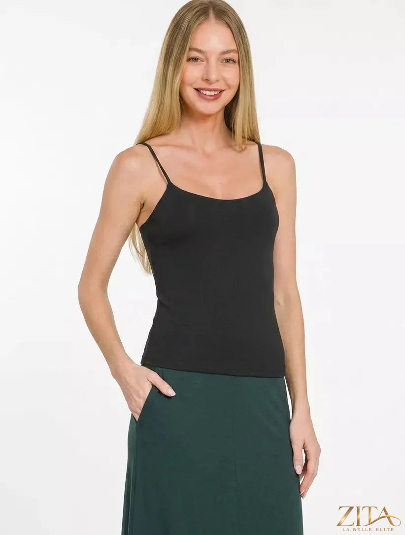 Zita La Belle Elite Zenana double layered round neck spaghetti cami top, front view showing soft fabric and round neckline