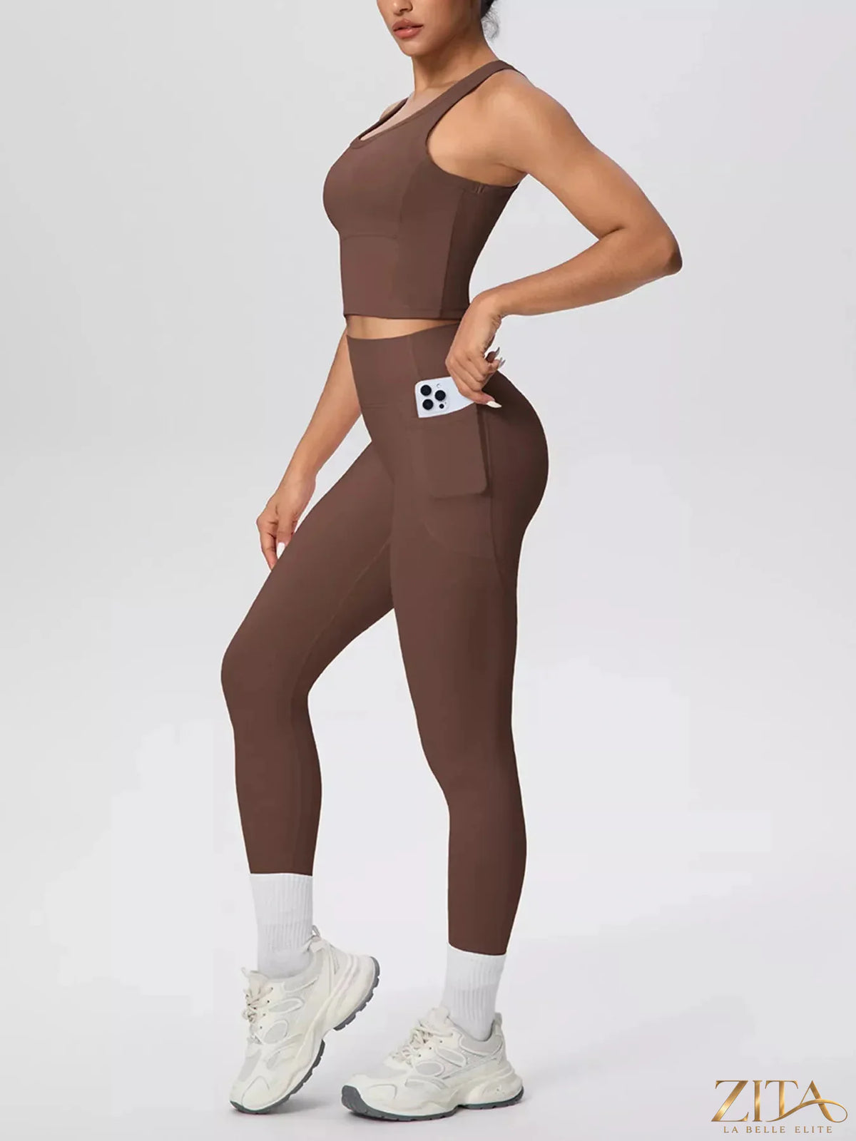 Zita La Belle Elite scoop neck tank and high-waisted leggings active set, front view showing breathable fabric and comfortable fit.