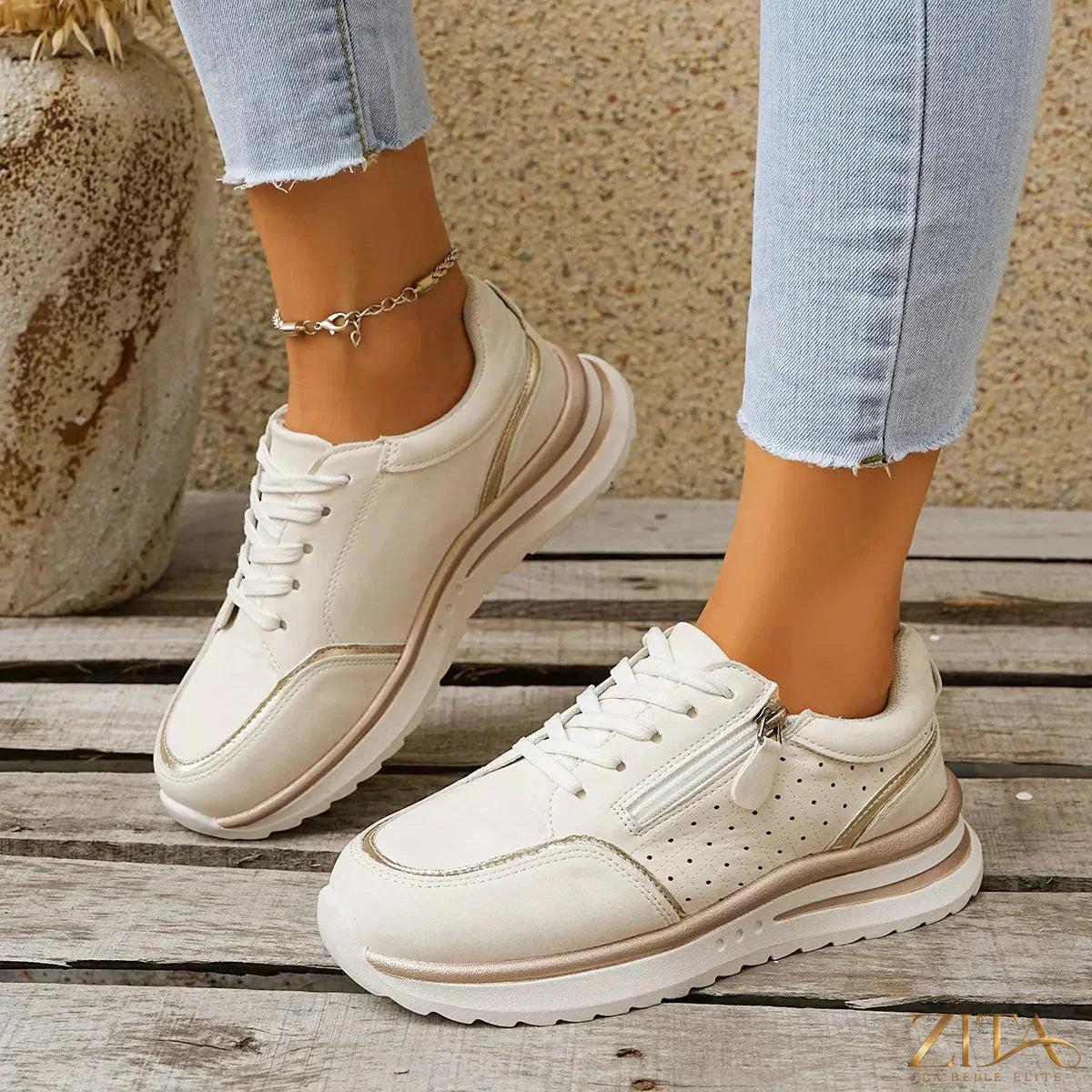 Zita La Belle Elite round toe lace-up sneakers in white with supportive sole and stylish design for casual wear
