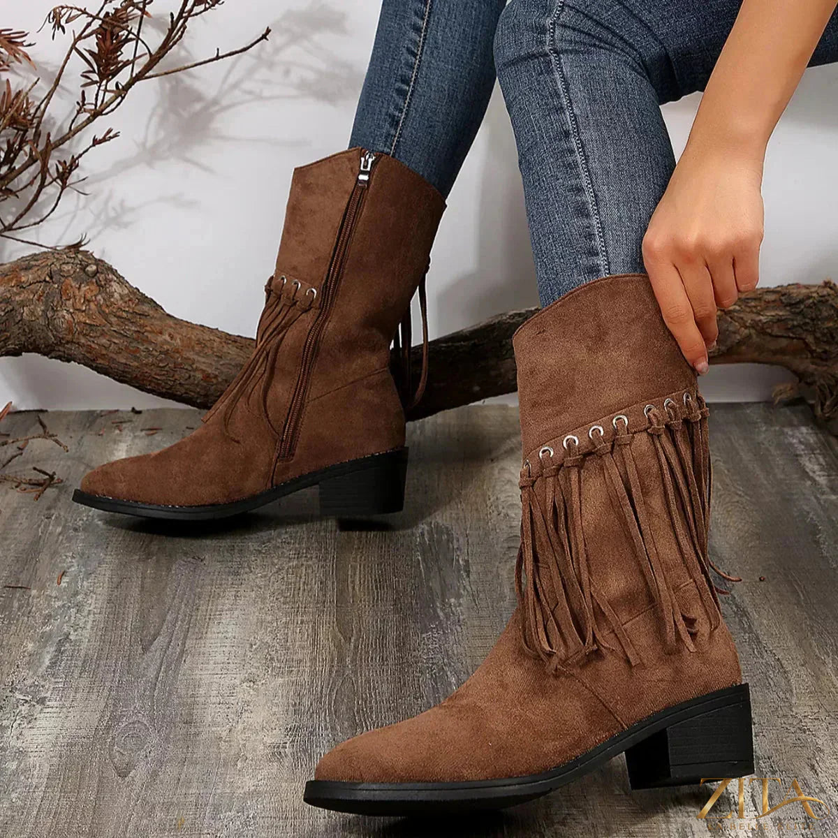 Zita La Belle Elite fringe Western block heel boots with tassels and leather accents, stylish cowboy-inspired footwear.
