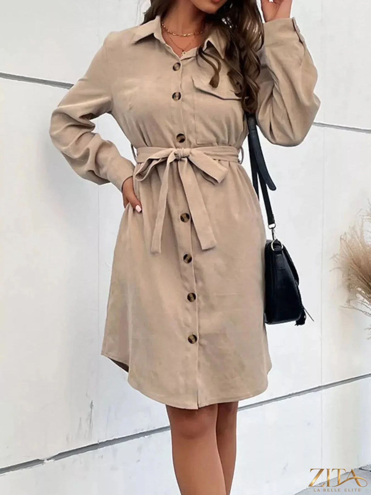 Button-front tie waist shirt dress by Trendsi featuring a classic collar, long sleeves, and a flattering waist tie design.
