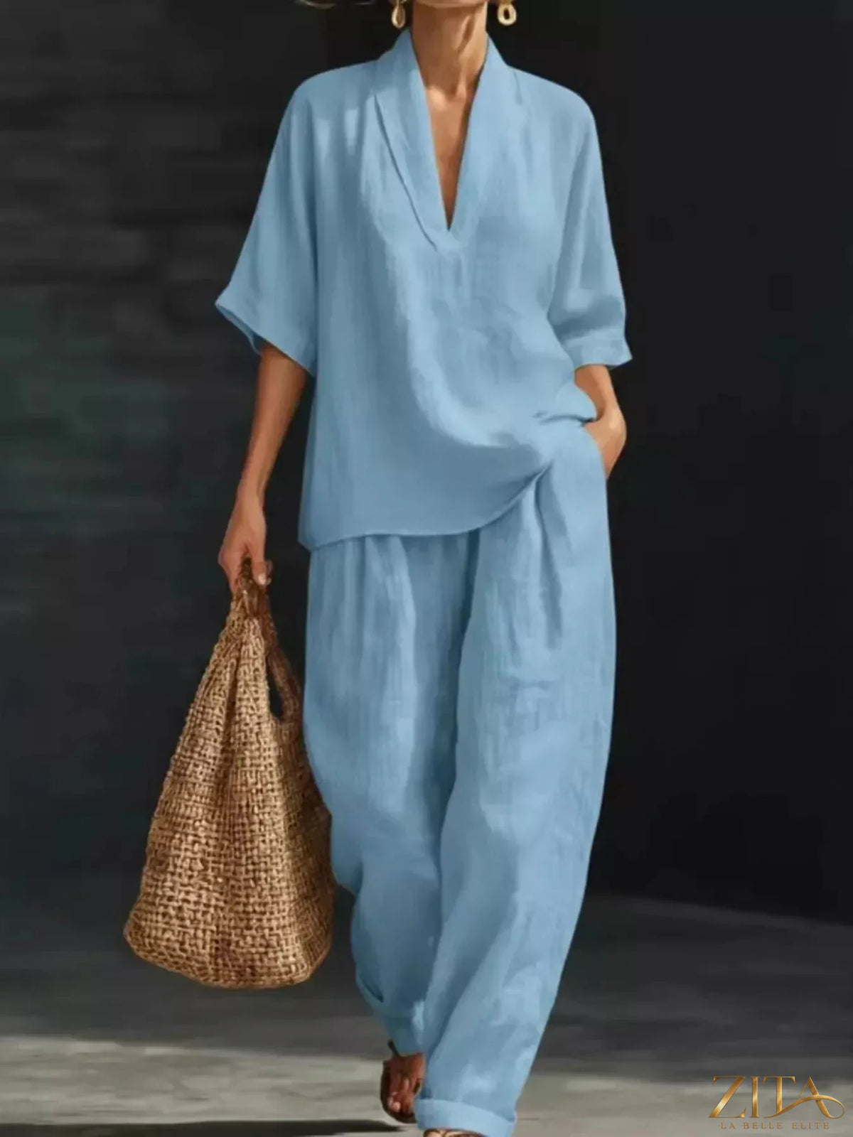 Plus size Zita La Belle Elite half sleeve top and wide leg pants set, featuring a stylish, comfortable matching outfit.