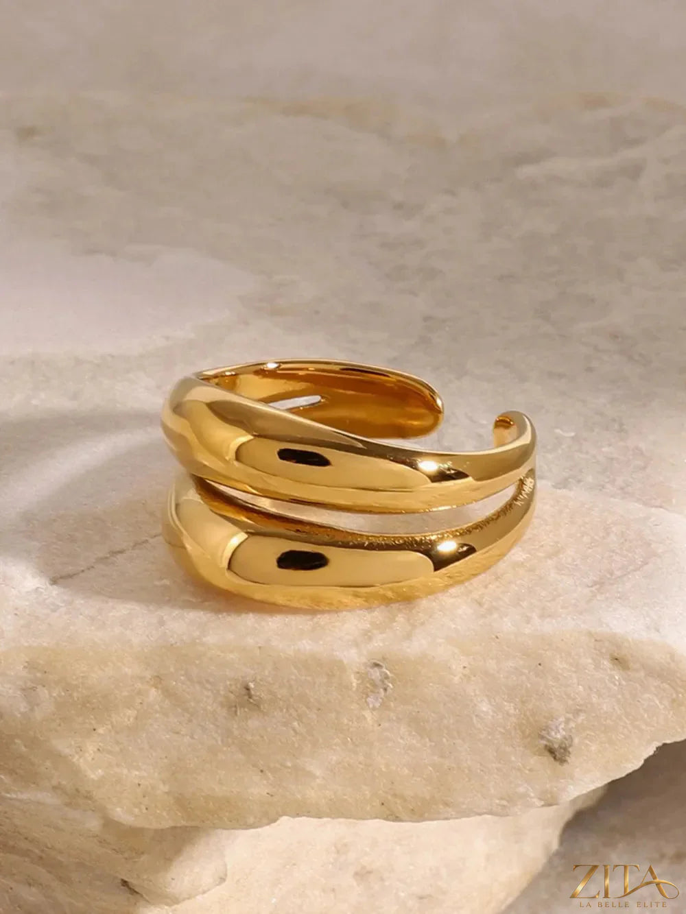 Stainless steel double-layered ring from Zita La Belle Elite featuring a sleek, modern design with intertwined bands.