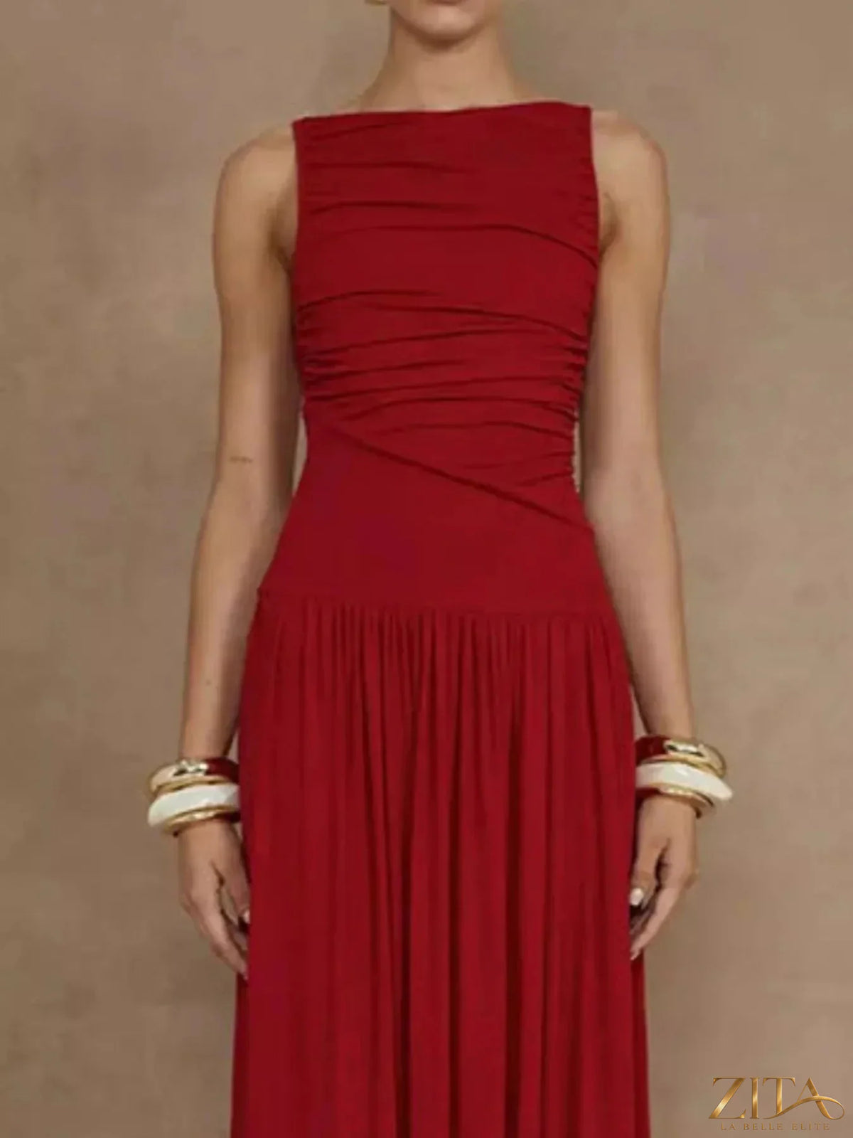 Zita La Belle Elite ruched sleeveless maxi dress in flowy fabric, featuring a fitted bodice and elegant length.