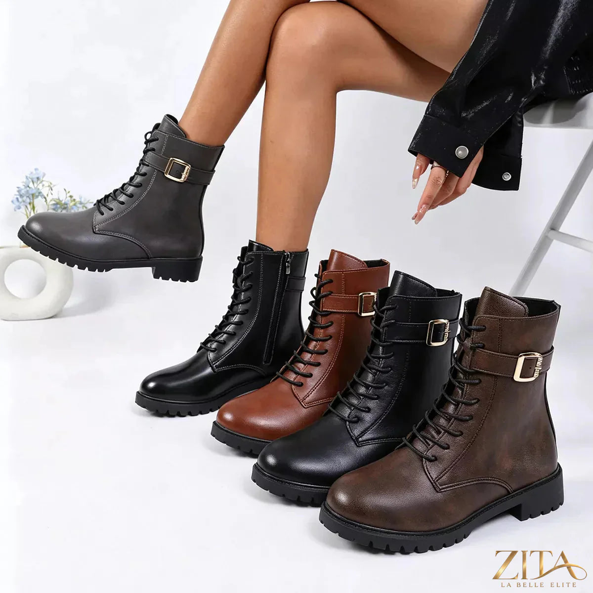 Zita La Belle Elite round toe lace-up boots with sturdy soles and stylish design, ideal for casual and fashionable wear.