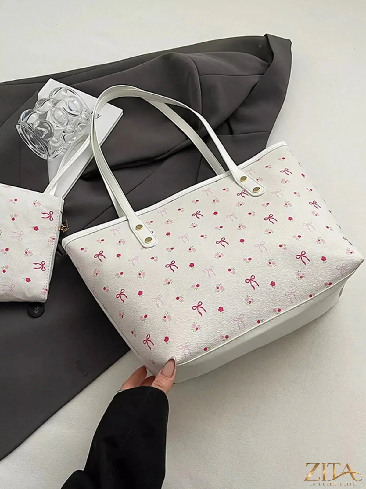 Printed tote shoulder bag with matching pouch by Zita La Belle Elite, featuring a stylish design and spacious interior.