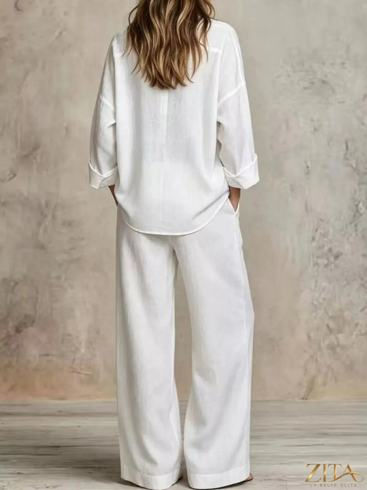 Plus size Zita La Belle Elite button-down shirt and wide-leg pants set, featuring a coordinated, stylish ensemble in the image.