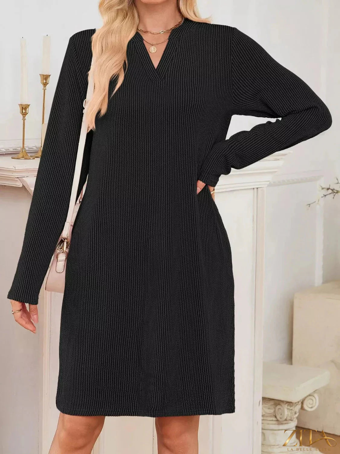Zita La Belle Elite casual ribbed knit long sleeve dress with a fitted silhouette and soft fabric in a neutral color.