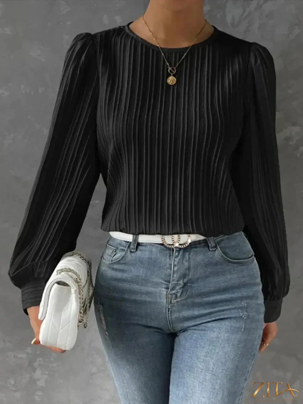 Zita La Belle Elite round neck long sleeve blouse in soft fabric, shown in a flattering fit with subtle detailing.