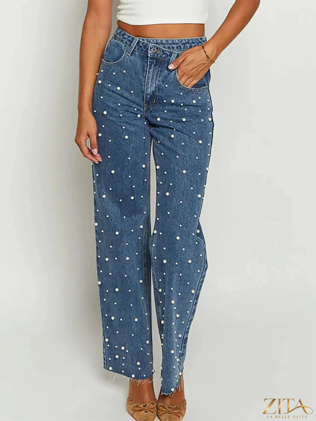 Pearl-embellished high waist straight leg jeans by Zita La Belle Elite, showcasing elegant pearl details and classic denim fit.
