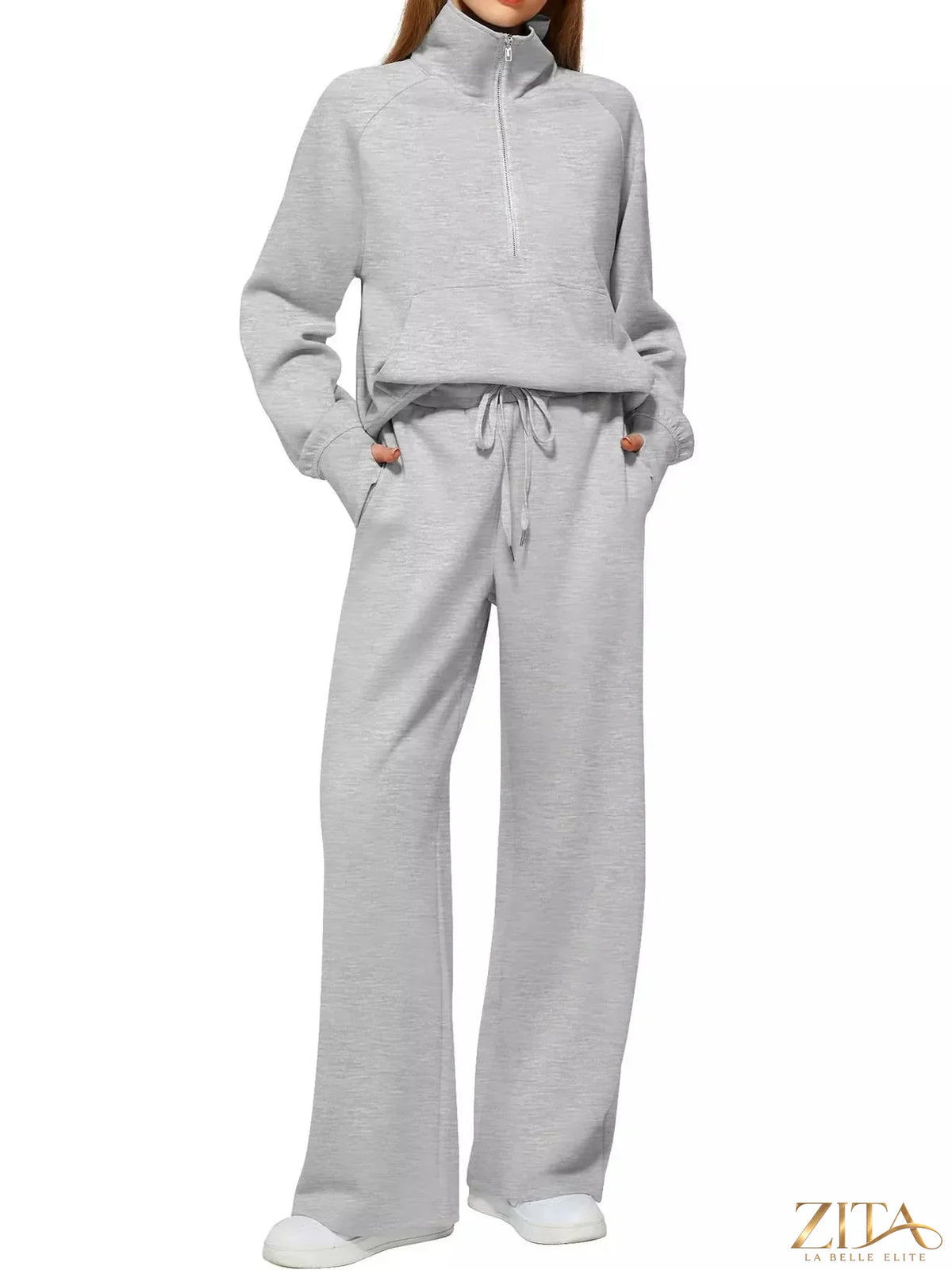 Zita La Belle Elite half-zip sweatshirt and wide-leg pants set shown in soft fabric, casual comfortable style.