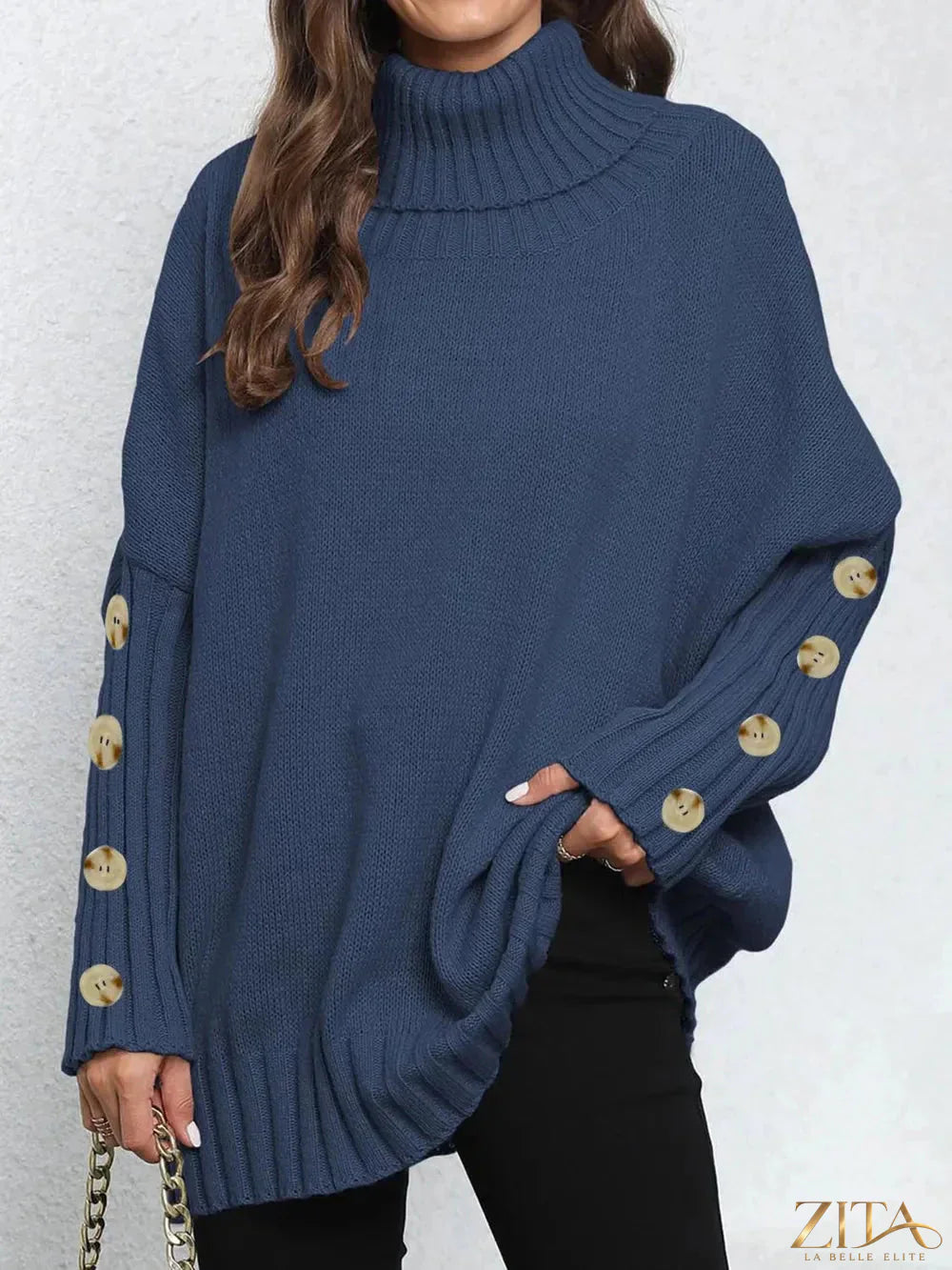Trendsi long sleeve turtleneck sweater in soft fabric, featuring a fitted design and classic ribbed neckline on a neutral background.