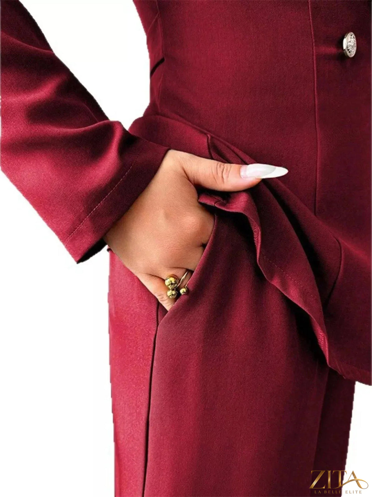 Zita La Belle Elite one-button blazer and matching pants set, tailored with a sleek fit, black fabric, and stylish design.