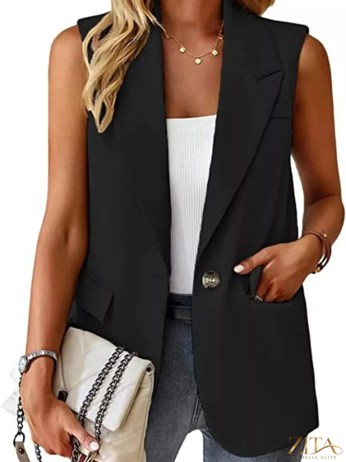 Plus size Zita La Belle Elite vest coat with full size, one-button lapel collar, stylish and tailored for a modern look.