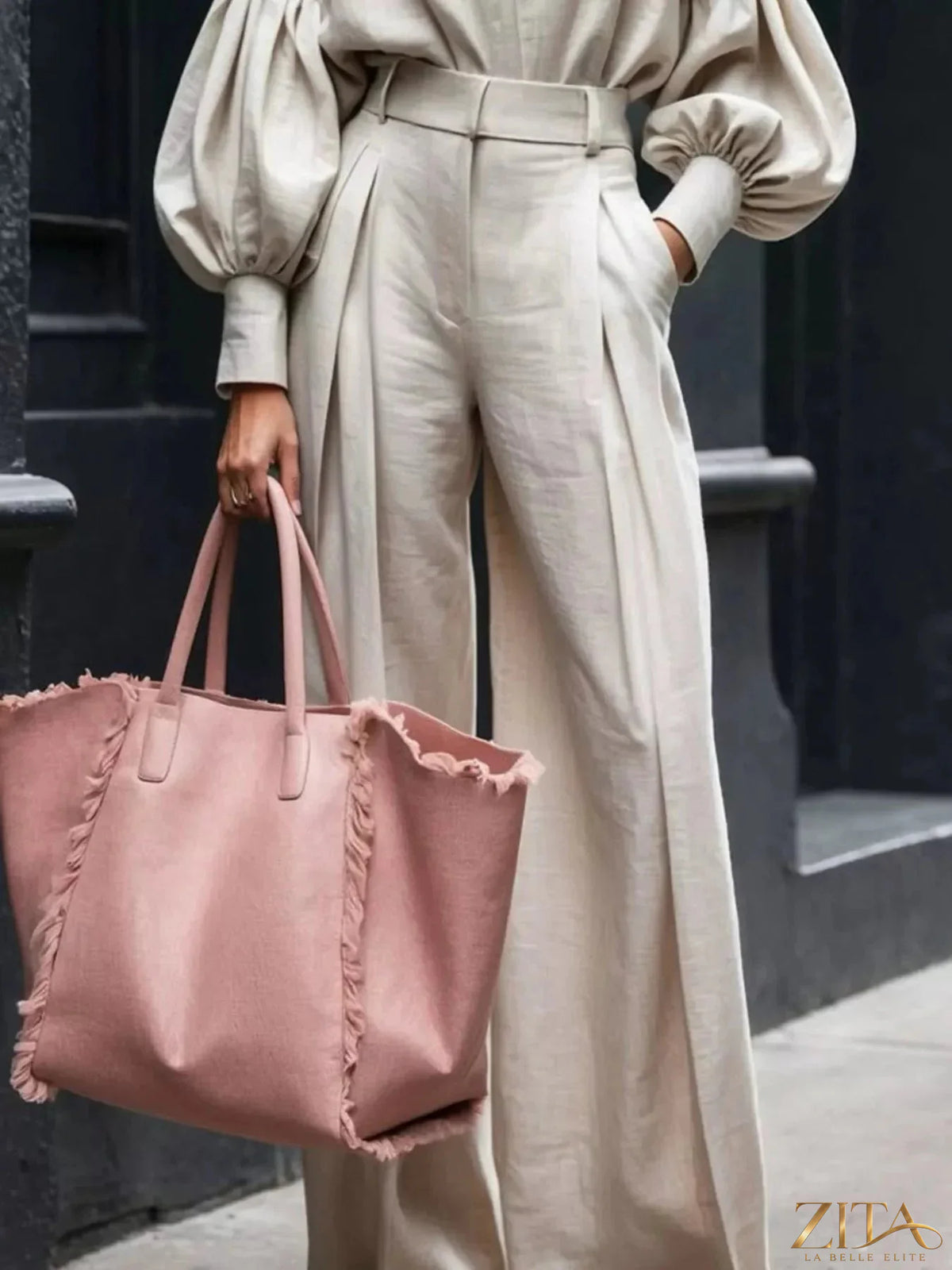 Zita La Belle Elite lantern sleeve shirt and wide-leg pants set, featuring a stylish long-sleeve top and flowing trousers.
