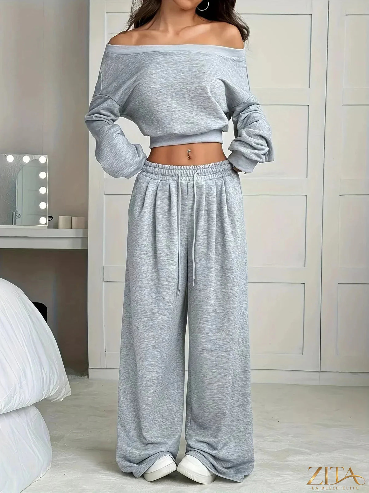 Plus size Zita La Belle Elite boat neck crop top and wide-leg pants set, featuring a stylish matching ensemble with a relaxed fit.