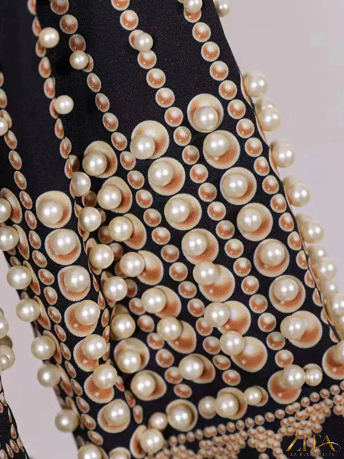 Plus size Zita La Belle Elite embellished pearl blazer with a single button, showcasing elegant detailing and tailored fit.