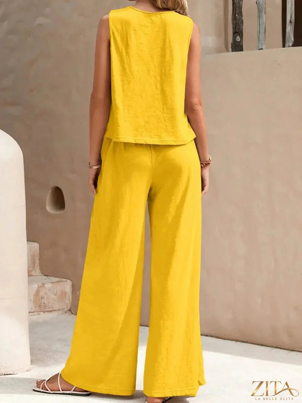 Zita La Belle Elite round neck sleeveless top and wide-leg pants set in a stylish, coordinated outfit displayed on a model.