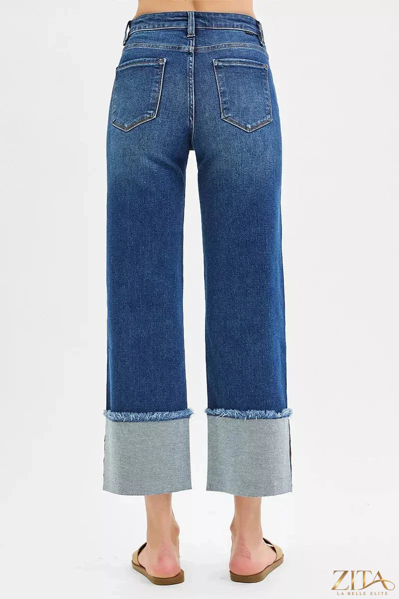 Plus size Zita La Belle Elite RISEN mid-rise crop wide cuffed jeans with distressed details and rolled hems.