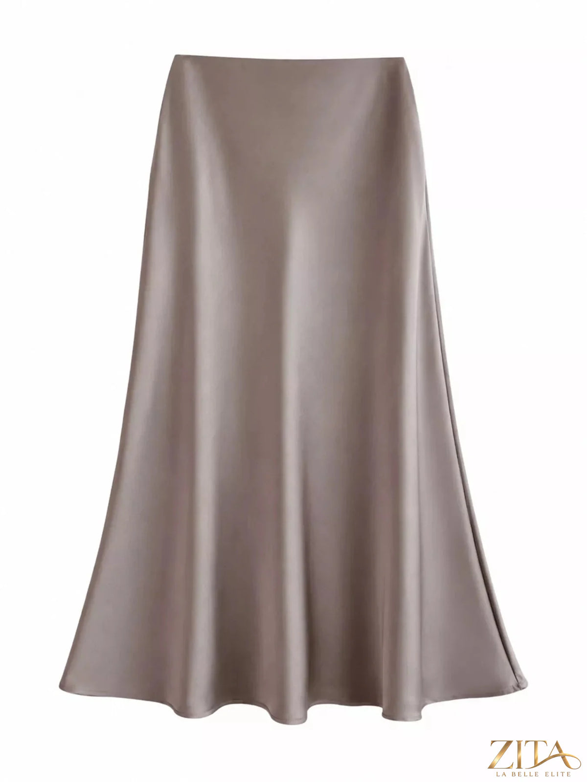 Plus size high-waisted satin midi skirt from Trendsi, full-length view showing smooth, shiny fabric and elegant fit.