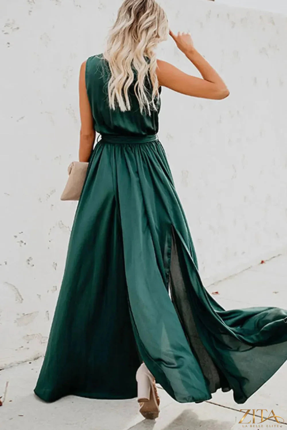 Zita La Belle Elite surplice tie waist maxi dress in flowy fabric, featuring a V-neck and elegant silhouette.